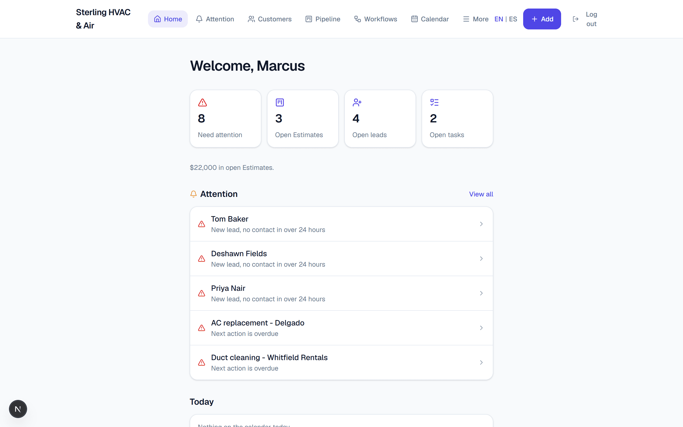 Screenshot of the Attenli dashboard, showing today's attention items, pipeline, and jobs at a glance