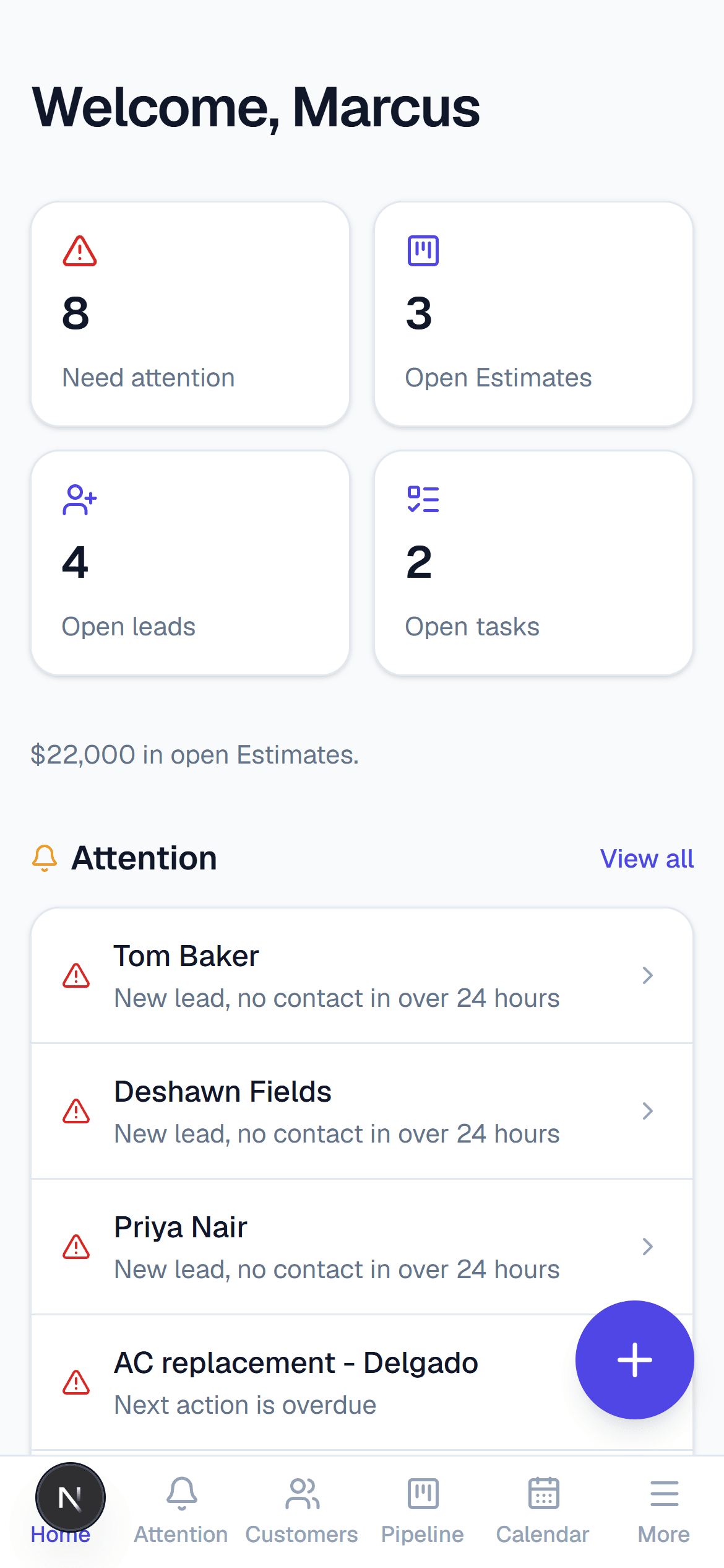 Screenshot of the Attenli mobile app, showing a field tech's jobs and attention list on their phone